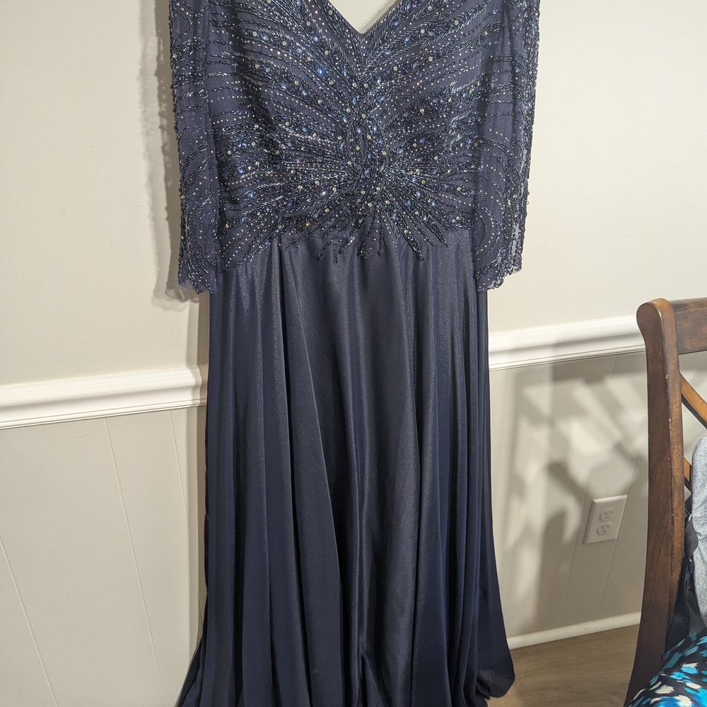 Montage by Mon Cheri Blue Pleated Embellished Gown